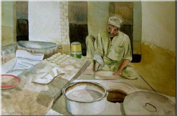 Boulanger pakistanais au fourneau, Sukkur - Pakistan, Asie - Scènes de genre - , aquarelle originale encadree, aquarelle avec cadre, carnet de voyage, aquarelle du monde