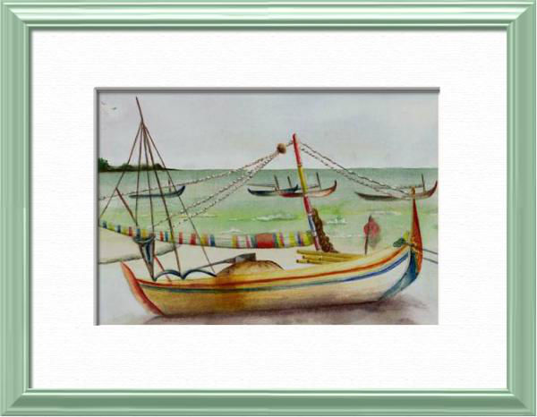 Fishing boat, Java Island - Indonesia, Asia - Seascapes - , original framed watercolour, world travel diary, world watercolour
