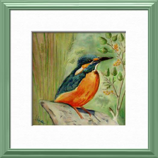 French Kingfisher, From a Quentin's photo, Birds - , original framed watercolour, world travel diary, world watercolour