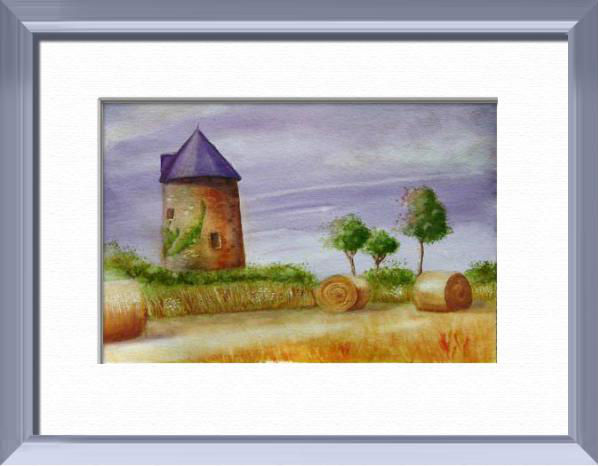 Mill on summer, Vendée - France, World landscapes - , original framed watercolour, world travel diary, world watercolour