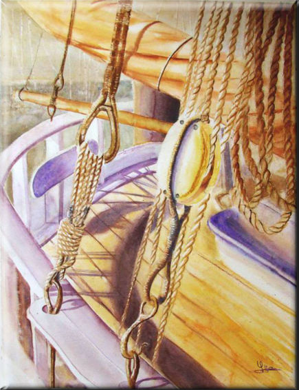 Pulley and ropes, Port Olona - Les Sables d'Olonne, Seascapes - , original framed watercolour, world travel diary, world watercolour