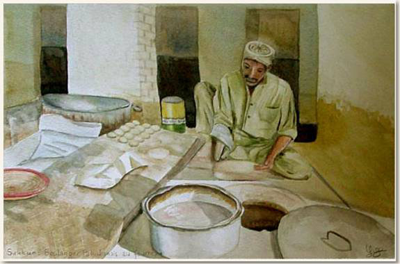 Aquarelle originale, Boulanger pakistanais au fourneau, Sukkur - Pakistan, peinture, aquarelle, carnet de voyage , boulanger, pain, pakistan, pide