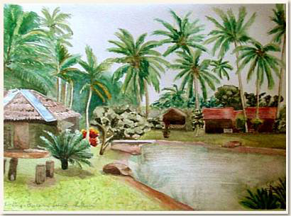 Aquarelle originale, Halte exotique sous la palmeraie, Cherating - Malaisie, peinture, aquarelle, carnet de voyage , palmiers, malaisie