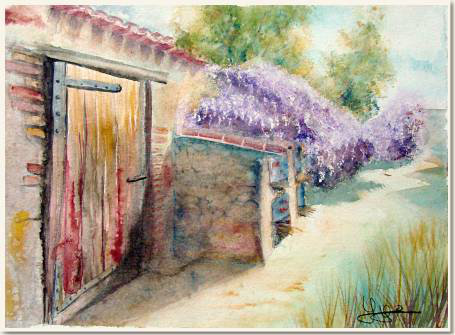 Original watercolour, Wisteria and old stones, Spring flowering, paint, watercolour, world diary, watercolour , 