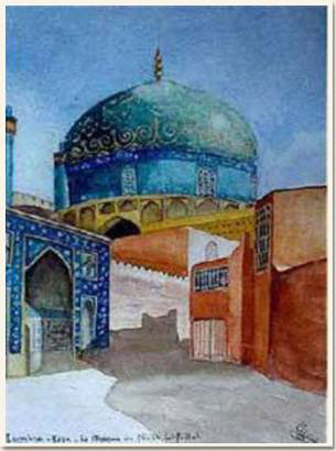 Aquarelle originale, La mosquée du Sheikh Lotfollah, Ispahan - Iran, peinture, aquarelle, carnet de voyage , mosquee, ispahan, sheikh lotfollah, bleu, orange