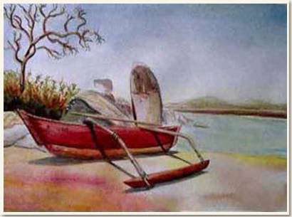 Aquarelle originale, Une embarcation de pêcheur, Goa - Inde, peinture, aquarelle, carnet de voyage , bateau, embarcation, pêche, rivage, plage