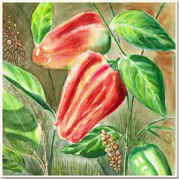 Aquarelle originale, Poivrons rouges du potager, Cachés sous les feuilles, peinture, aquarelle, carnet de voyage , poivrons, rouge, legume