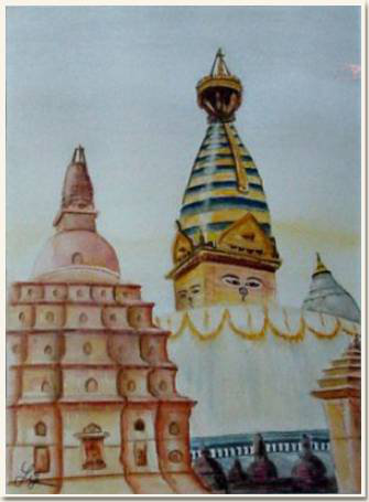 Aquarelle originale, Le temple bouddhiste de Swayambunath, Katmandou - Nepal, peinture, aquarelle, carnet de voyage , temple, swayambunath, katmandou, katmandu, nepal, bouddhiste, bouddha