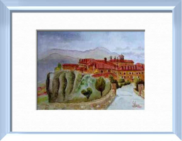 Le Couvent d'Agios Stefanos, Météores - Grèce, Paysages du monde - , aquarelle originale encadree, aquarelle avec cadre, carnet de voyage, aquarelle du monde