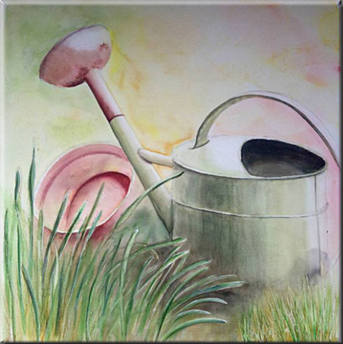 The watering can  in the garden, Plants, flowers, nature - , original framed watercolour, world travel diary, world watercolour