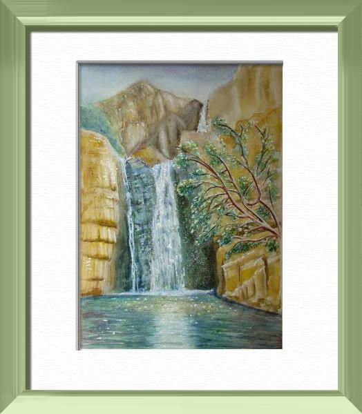 Australian Cascade, Just time for a bath, Australia - World landscapes - , original framed watercolour, world travel diary, world watercolour