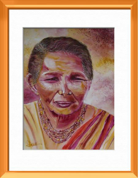 Femme Indienne au marché, D'après une photo de Véronique Piaser-Moyen , Asie - Portraits - , aquarelle originale encadree, aquarelle avec cadre, carnet de voyage, aquarelle du monde