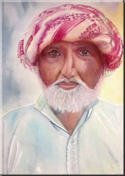Turban man in Pakistan, Asia - Portraits - , original framed watercolour, world travel diary, world watercolour
