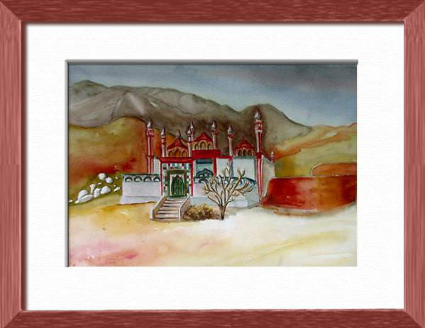Un temple perdu sur la route, Sibi - Pakistan, Asie - Sites du monde - , aquarelle originale encadree, aquarelle avec cadre, carnet de voyage, aquarelle du monde