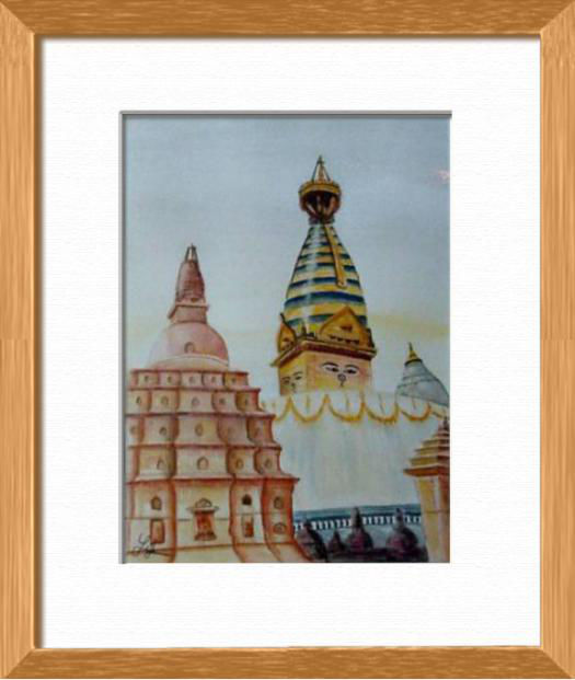 Le temple bouddhiste de Swayambunath, Katmandou - Nepal, Asie - Sites du monde - , aquarelle originale encadree, aquarelle avec cadre, carnet de voyage, aquarelle du monde
