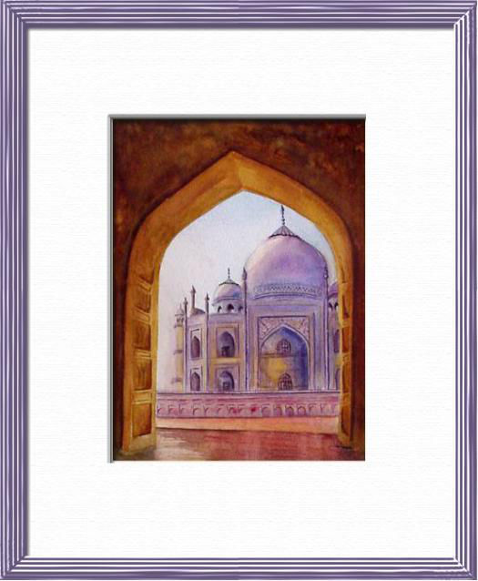 Le Mausolée du Taj-Mahal , Agra - Inde , Asie - Sites du monde - , aquarelle originale encadree, aquarelle avec cadre, carnet de voyage, aquarelle du monde