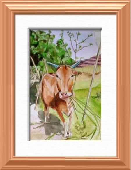 Une vache sacrée, Goa - Inde, Asie - Nos amies les betes - , aquarelle originale encadree, aquarelle avec cadre, carnet de voyage, aquarelle du monde
