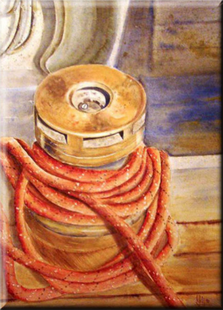 Old winch, Port Olona, Seascapes - , original framed watercolour, world travel diary, world watercolour