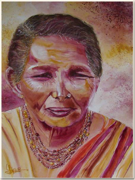 Aquarelle originale, Femme Indienne au marché, D'après une photo de Véronique Piaser-Moyen , peinture, aquarelle, carnet de voyage , portrait, femme, indienne, rouge, jaune