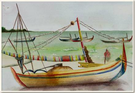 Aquarelle originale, Une jonque de pêcheur, Ile de Java - Indonesie, peinture, aquarelle, carnet de voyage , jonque, embarcation, pêche, mer, marine, rivage