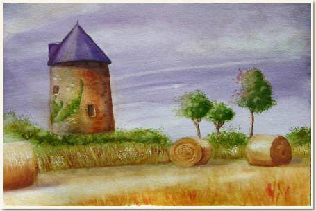 Aquarelle originale : Moisson au moulin, Vendée - France, Clairanne Filaudeau, aquarelliste