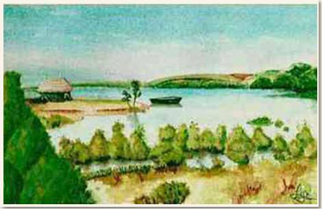 Aquarelle originale, Un paysage d arrière-pays, Goa - Inde, peinture, aquarelle, carnet de voyage , paysage, mer, inde