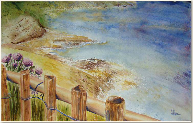 Aquarelle originale, Rayol Canadel, D'après une photo de Véro, peinture, aquarelle, carnet de voyage , rivage, plage, cote, marine, Méditerranee