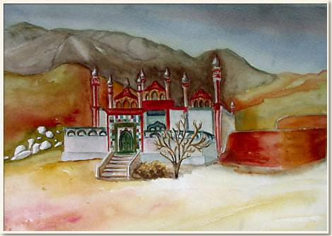 Aquarelle originale, Un temple perdu sur la route, Sibi - Pakistan, peinture, aquarelle, carnet de voyage , temple, desert, rouge, jaune