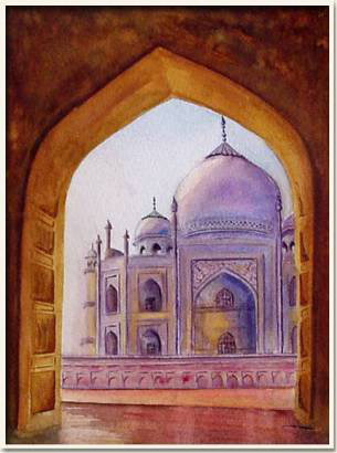 Aquarelle originale, Le Mausolée du Taj-Mahal , Agra - Inde , peinture, aquarelle, carnet de voyage , mausolee, mauve, porche