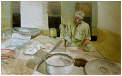 Boulanger pakistanais au fourneau, Sukkur - Pakistan, peinture, aquarelle, carnet de voyage, monde, Clairanne Filaudeau 